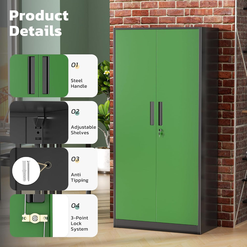 Greenvelly Metal Lockable Storage Cabinet, 72' Storage Cabinet with 2 Doors and 4 Adjustable Shelves for Office, Home, Garage, Pantry (Assembly Required, Black Green)