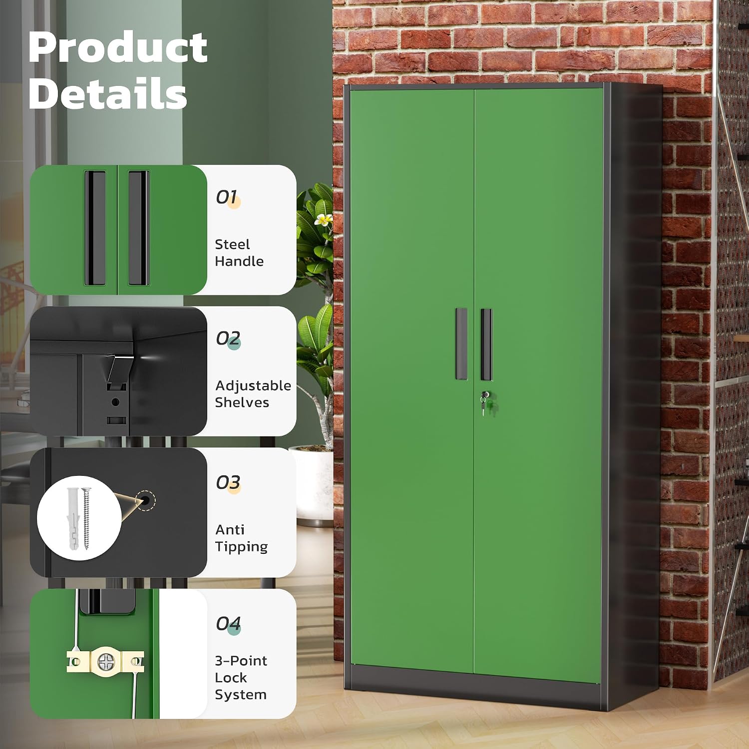 Greenvelly Metal Lockable Storage Cabinet, 72' Storage Cabinet with 2 Doors and 4 Adjustable Shelves for Office, Home, Garage, Pantry (Assembly Required, Black Green)