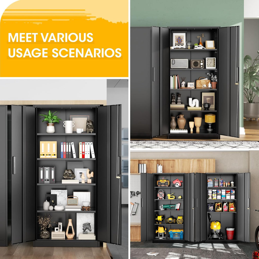 Greenvelly 72' H Metal Garage Storage Cabinet with 2 Doors and 4 Adjustable Shelves, Black Metal Cabinet with Lock, Steel Tool Cabinet for Office, Home, Garage, Gym, School（New Recessed Handle）