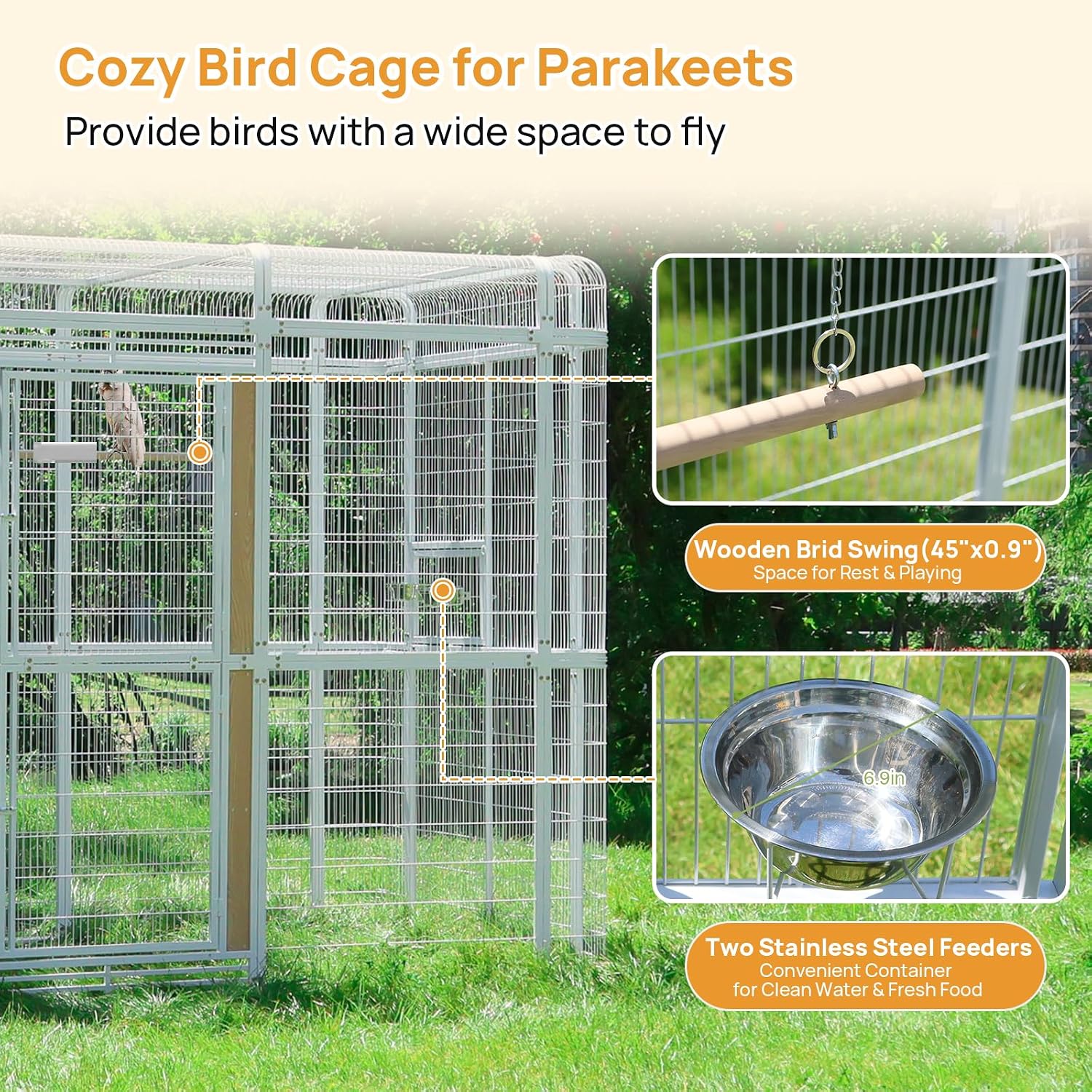 Large Walk-in Cage 87-inch Heavy Duty Bird Cage Outdoor Carbon Crystal Board Aviary Parrot Cage Wide Flight Metal Birdcage for Macaw Budgie Conure Lovebird Parakeet Cockatiel, 7.22x5.25x6.8ft, White