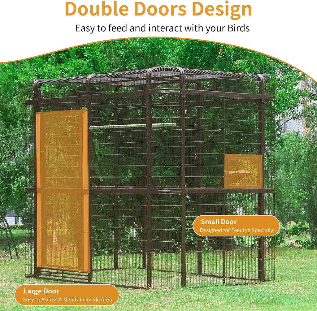 87-inch Outdoor Large Walk-in Cage Heavy Duty Bird Cage Carbon Crystal Board Aviary Parrot Cage Wide Flight Metal Birdcage for Macaw Budgie Conure Lovebird Parakeet Cockatiel, 7.22x5.25x6.8ft, Brown