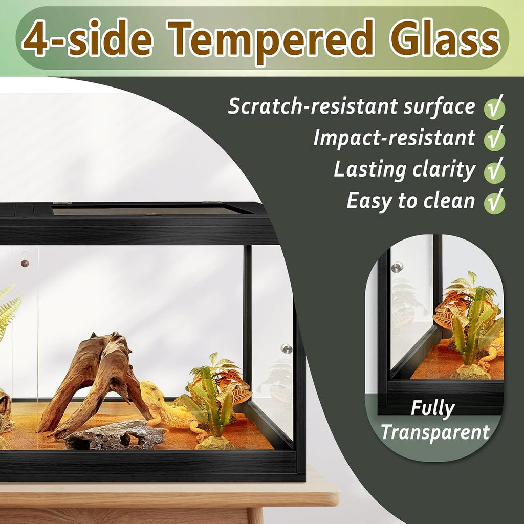 PROLEE Bearded Dragon Tank 34 Gallon, Tempered Glass Reptile Tank with Meatl Mesh Roof and Front Sliding Door, Anti-Scratch Lizard Tank, Spacious Reptile Enclosure for Snakes,Lguanas (Black)