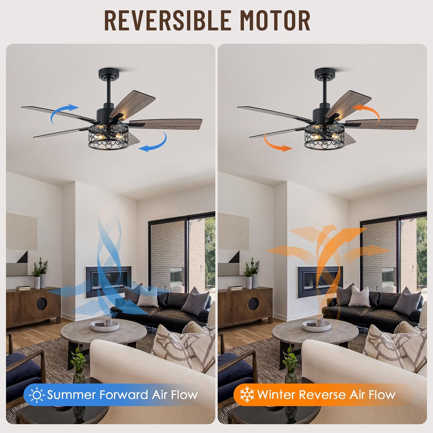 52' Farmhouse Ceiling Fans with Lights and Remote, Rustic Caged Ceiling Fan with Reversible DC Motor,5 Double Finish Wood Blades,6 Speeds,Chandelier Ceiling Fan for Living Room,Dining Room,Bedroom