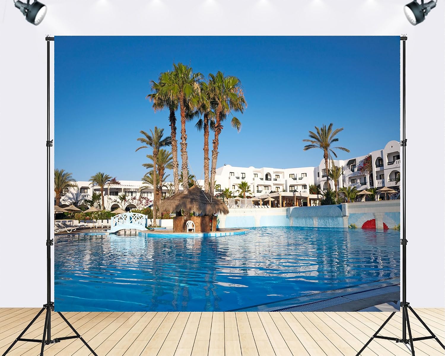 Trykid 20x10ft Tropical Resort Pool Backdrop Palm Trees White Buildings Clear Blue Sky Paradise Photography Background Summer Vacation Tapestry Party Decoration Photo Studio Prop Fabric