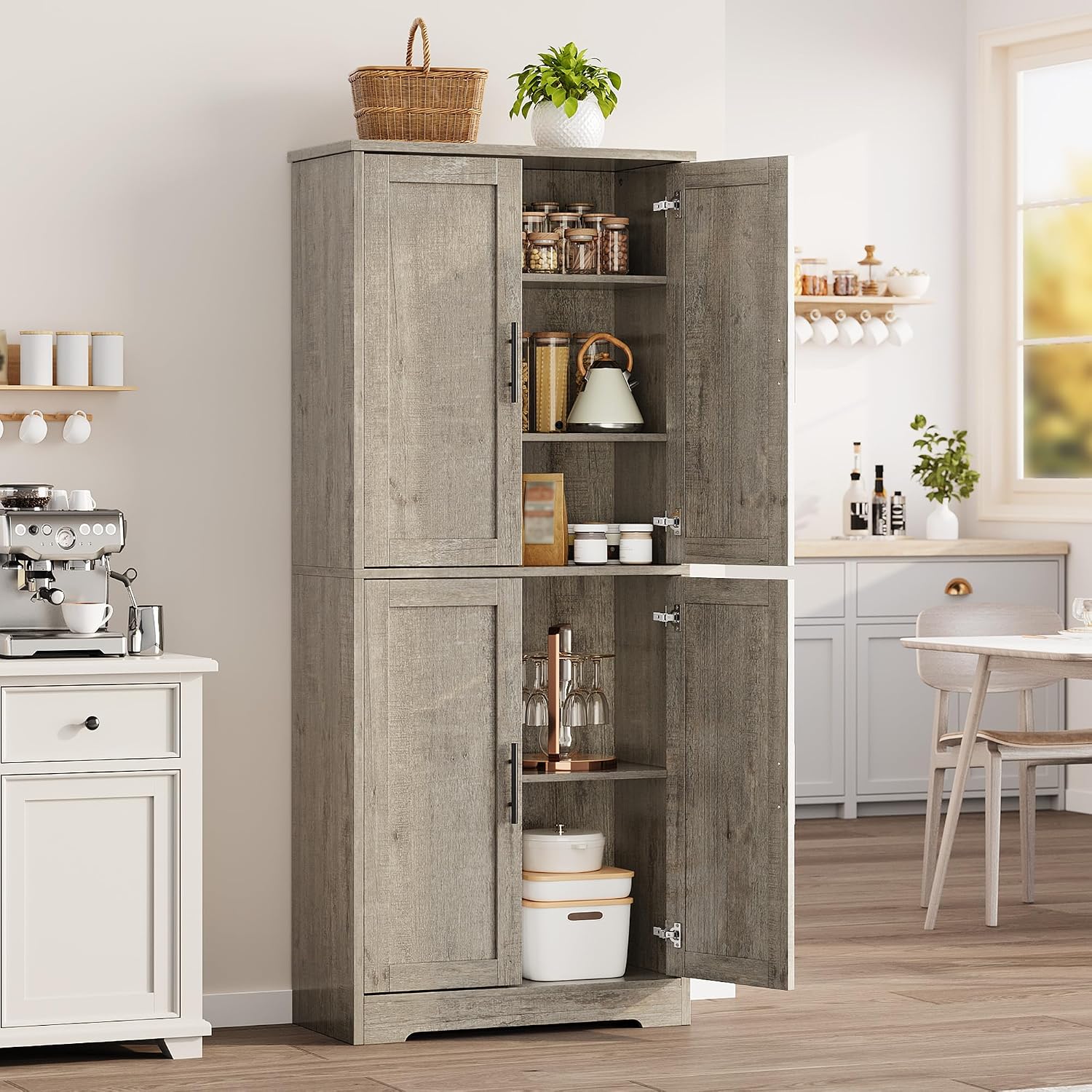 IDEALHOUSE Pantry Cabinet,70' Tall Kitchen Pantry Cabinet with 4 Doors and 3 Adjustable Shelves, Freestanding Cupboard, Modern Storage Cabinet for Bathroom, Dining Room, Living Room, Gray