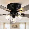 52' Flush Mount Ceiling Fan with Lights and Remote Control,Industrial Farmhouse Ceiling Fan,Reversible Quiet Motor,5 Wood Blades,3 Clear Glass Lights for Bedroom Living Room Kitchen