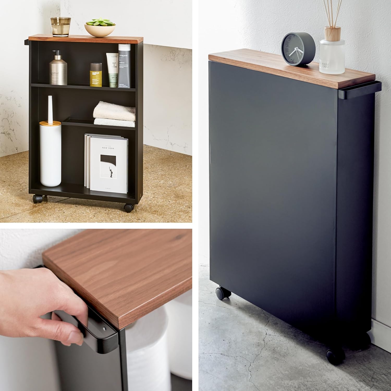 YAMAZAKI Home Slim Rolling Storage Cart – Narrow Bathroom Storage Cabinet with Handle, Slim Bathroom Storage Cart with Wheels, Easy Assembly, Steel + Wood, Black