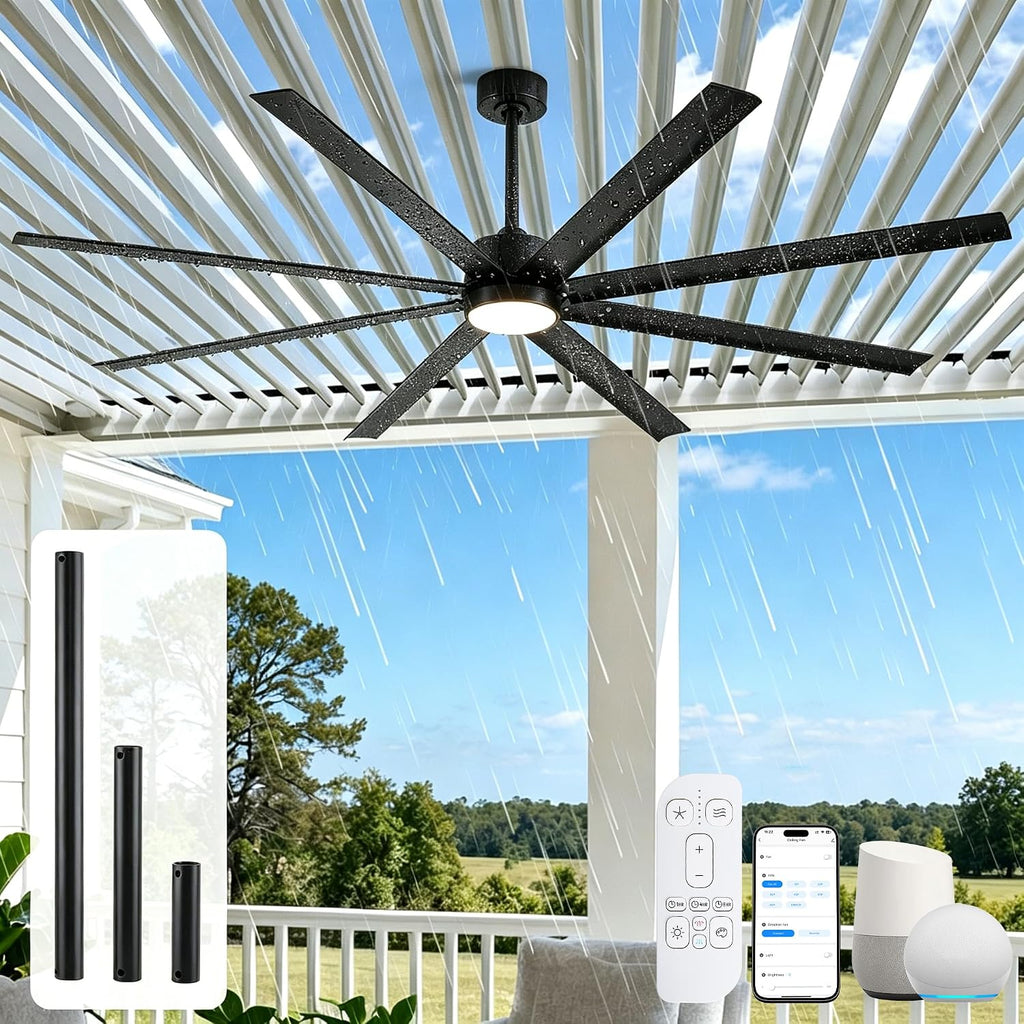 72 Inch Outdoor Smart Ceiling Fan with Lights, Waterproof All Weather Wet Rated, 8 Black Industrial Aluminum Blades, High CFM Quiet DC Motor, Alexa/App Control for Patio, Gazebo & Large Commercial