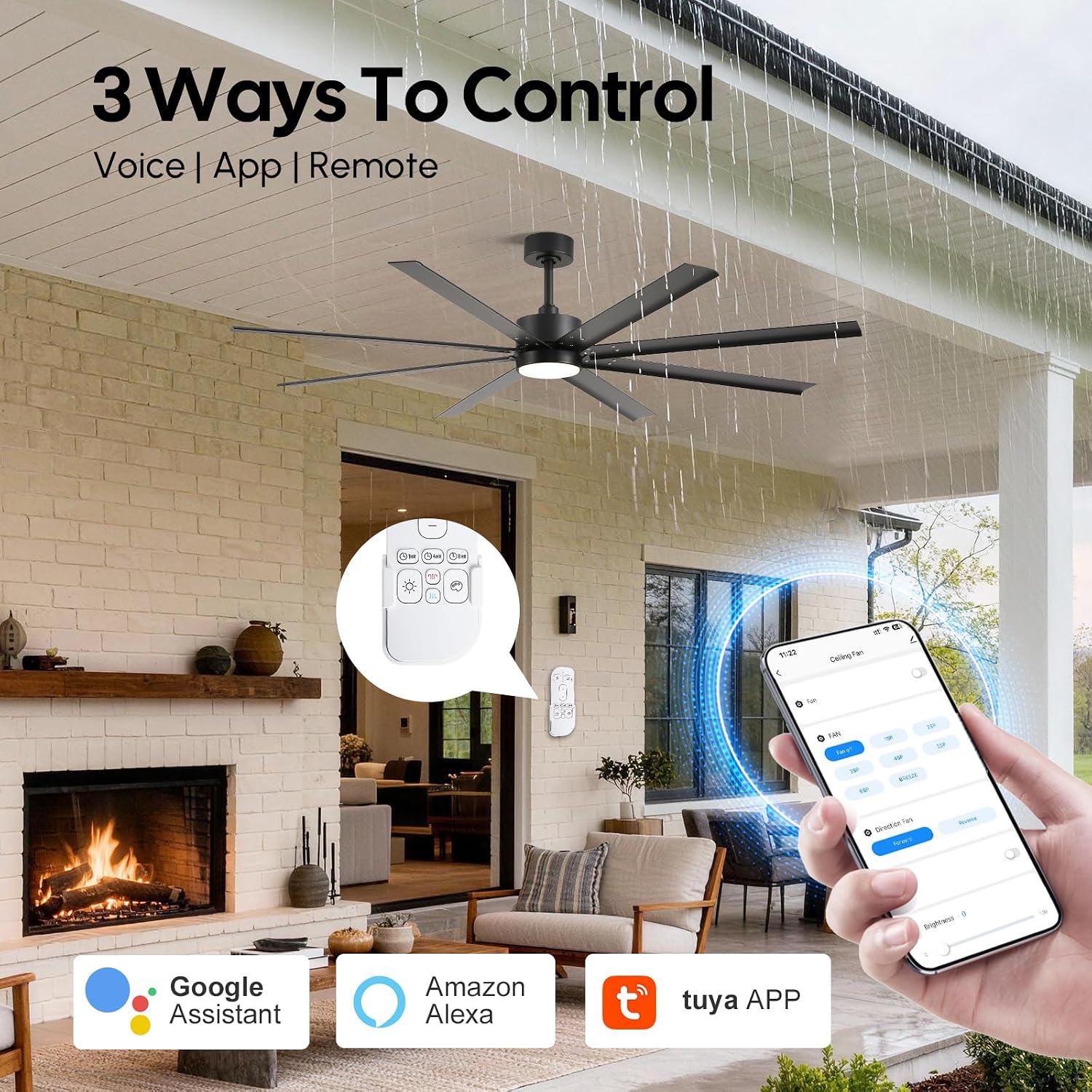56 Inch Waterproof Outdoor Ceiling Fan with Light, All Weather Wet Rated Smart Fan with Alexa/App/Remote Control, 8 Modern Black Aluminum Blades, High CFM Quiet DC Motor, for Exterior Patio Porch