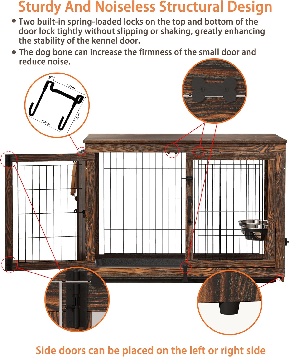 Piskyet Wooden Dog Crate Furniture with 360°Rotatable Removable Dog Bowls, Dog Crate End Table with Tray(L:37.7' L*25.1' W*26.1' H, Rustic Brown)