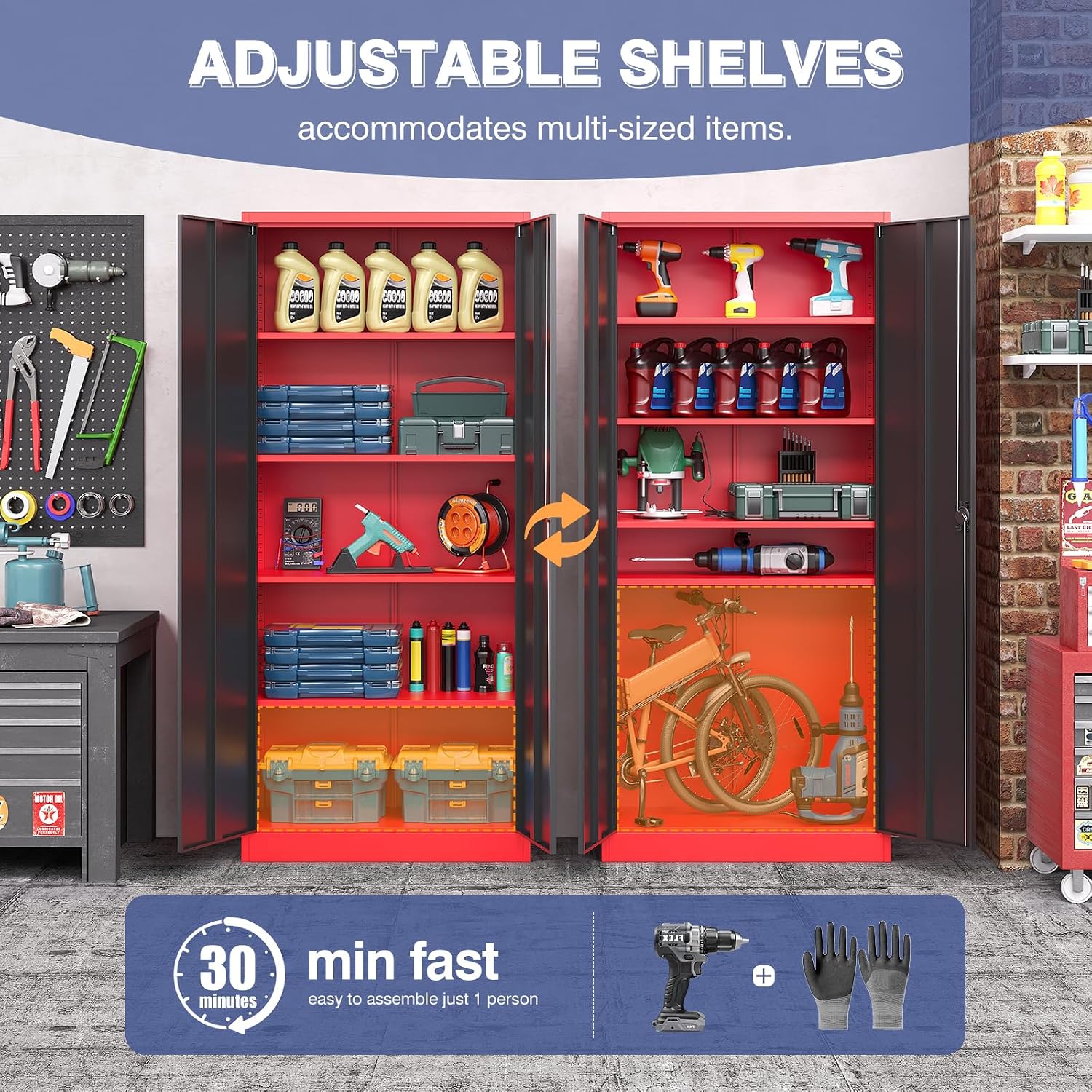 72 Inch Metal Cabinet,Lockable Storage Cabinet with 2 Doors and 4 Adjustbale Shelves,Tall Tool Cabinet Cabinet for Garage,Basement,Home Office,Gym(Red & Black)