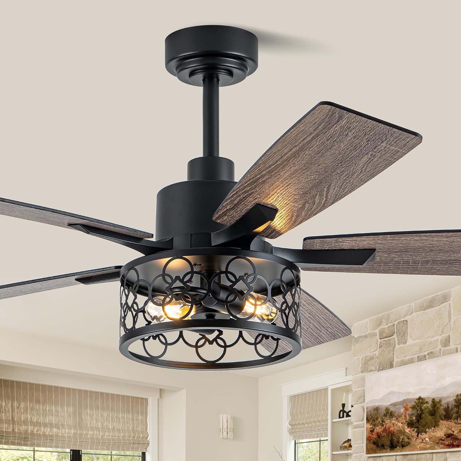 52' Farmhouse Ceiling Fans with Lights and Remote,Chandelier Ceiling Fan with Reversible DC Motor and 5 Double Finish Wood Blades,Rustic Caged Ceiling Fan for Living Room,Dining Room,Bedroom