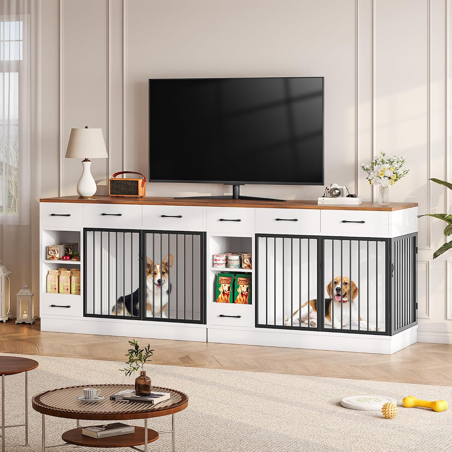 Dog Crate with Hidden Feeder Bowl & 3 Storage Drawers - 47.2' Wooden Dog Cage Indoor with Adjustable Shelf, 2 Doors Dog Kennel Furniture for Medium & Small Dogs, Multi-Functional Pet End Table