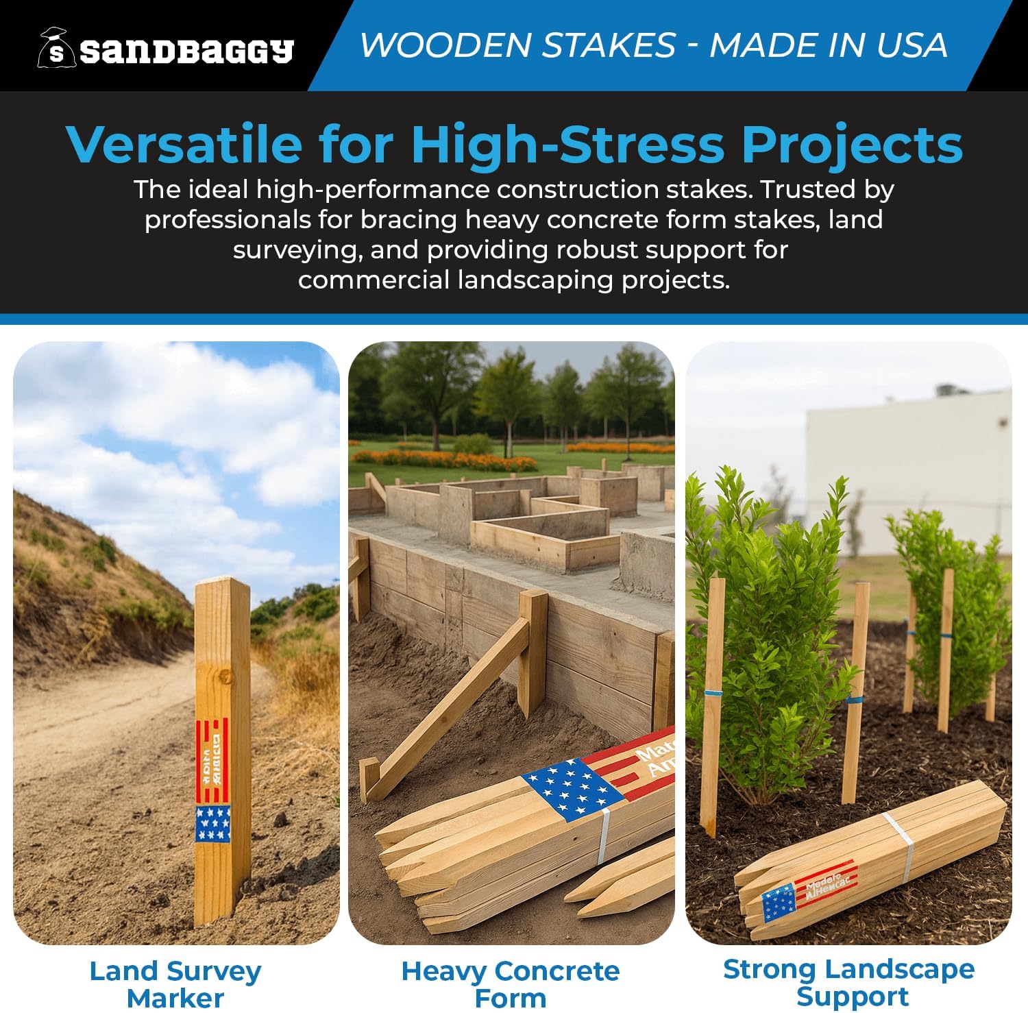 Sandbaggy 48' Wooden Grading Stakes - Made in The USA - 2' Thick Heavy Duty for Construction, Gardening, Surveying, Concrete Forms - Douglas Fir Wood (750 Stakes - 1 Pallet, 2' x 2' x 48')