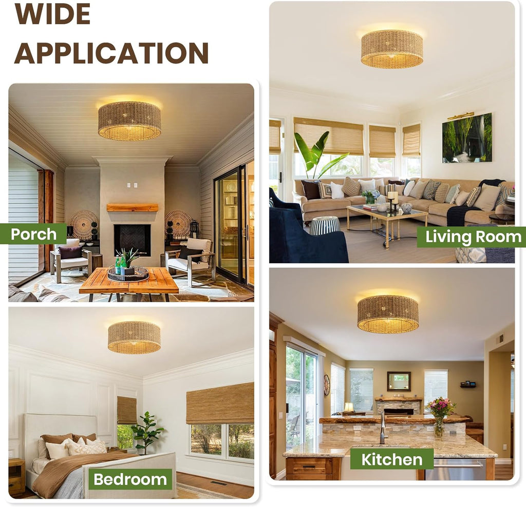 Boho Ceiling Fan with Light,Caged Ceiling Fan with Remote Control Reverible Blades,Low Profile 6 Speeds,Farmhouse Rattan Fandelier Chandelier Ceiling Fans for bedroom,dining room,kitchen ,living room