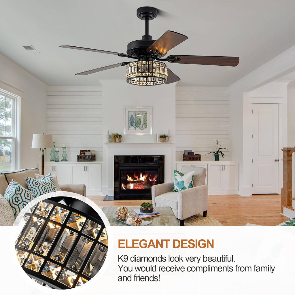 52' Black Crystal Ceiling Fan with Light, Modern Chandelier Fan with Remote, Farmhouse Vintage Fandelier Fan with Quiet DC Motor, 6 Speeds for Dining Living Room Bedroom (No Bulbs Included)