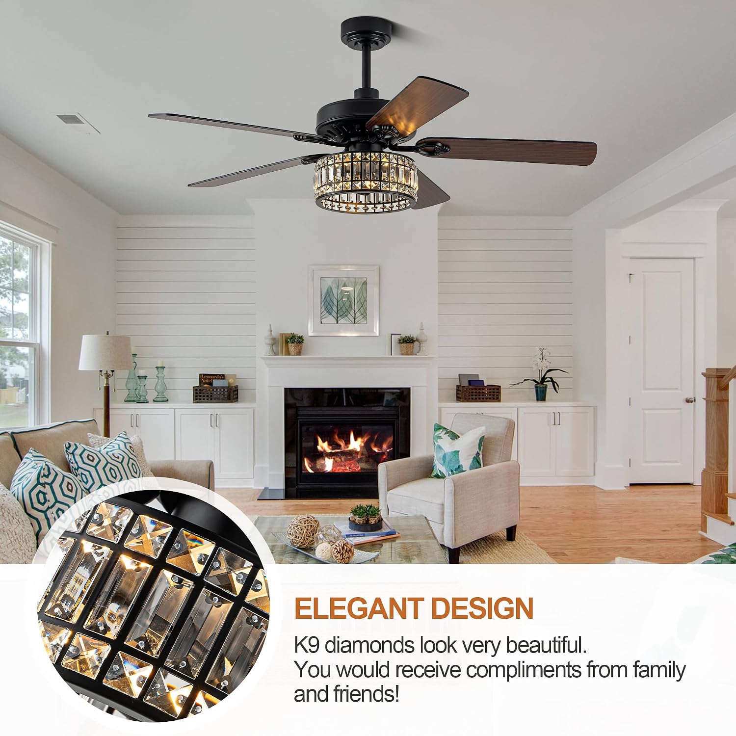52' Black Crystal Ceiling Fan with Light, Modern Chandelier Fan with Remote, Farmhouse Vintage Fandelier Fan with Quiet DC Motor, 6 Speeds for Dining Living Room Bedroom (No Bulbs Included)
