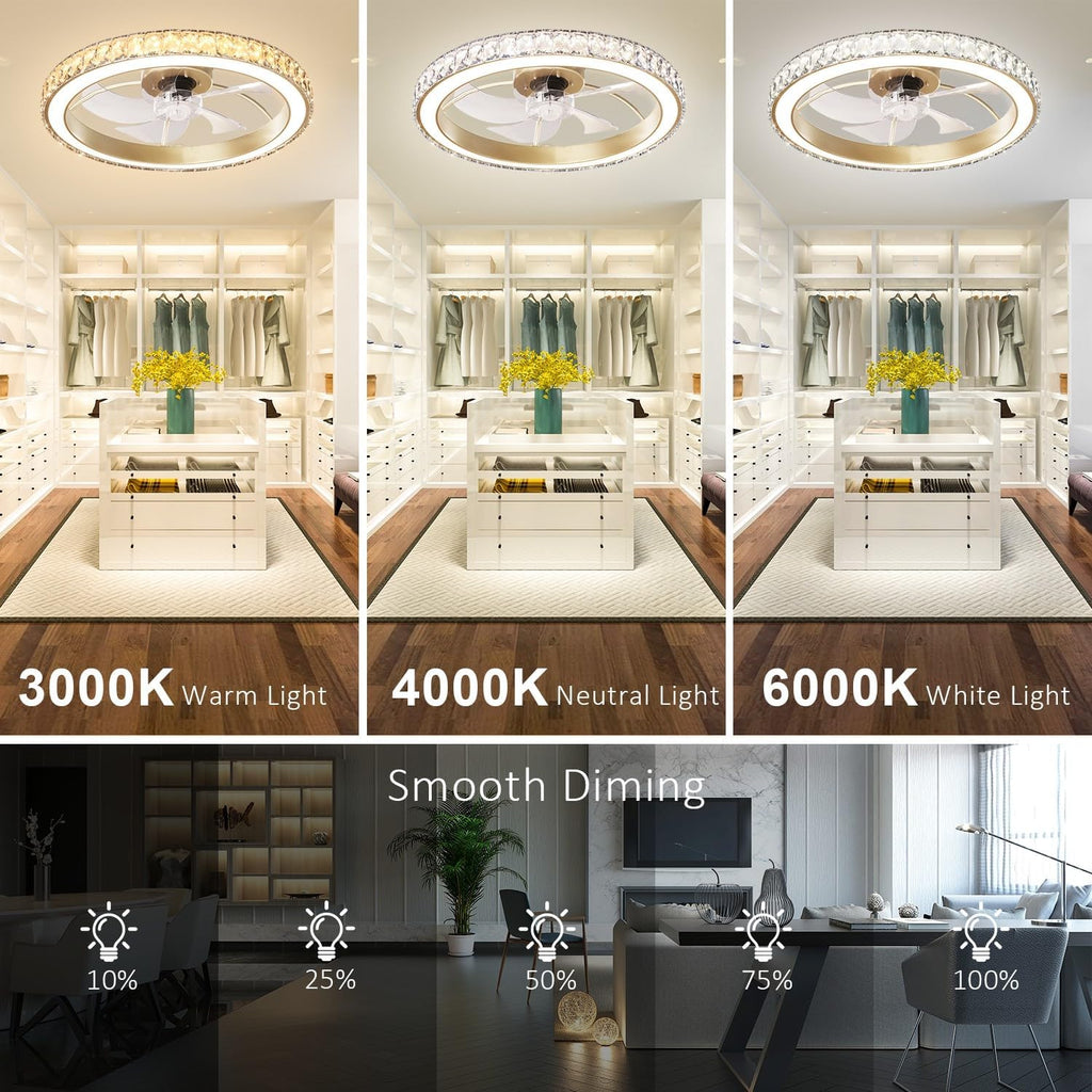 Aipsun Low Profile Modern Crystal Chandelier Ceiling Fans with Lights and Remote, 3000K-6500K Smart Bladeless LED Fan Light, 22' Gold Modern Ceiling Fans with Lights for Bedroom