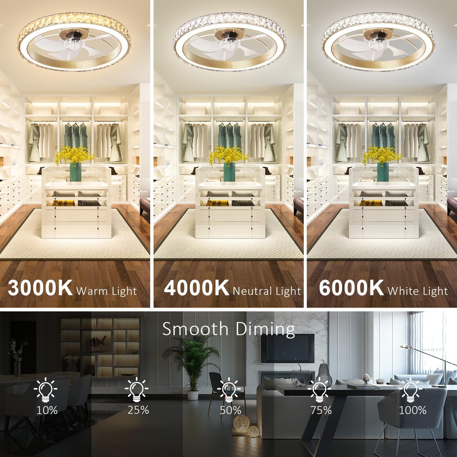 Aipsun Low Profile Modern Crystal Chandelier Ceiling Fans with Lights and Remote, 3000K-6500K Smart Bladeless LED Fan Light, 22' Gold Modern Ceiling Fans with Lights for Bedroom
