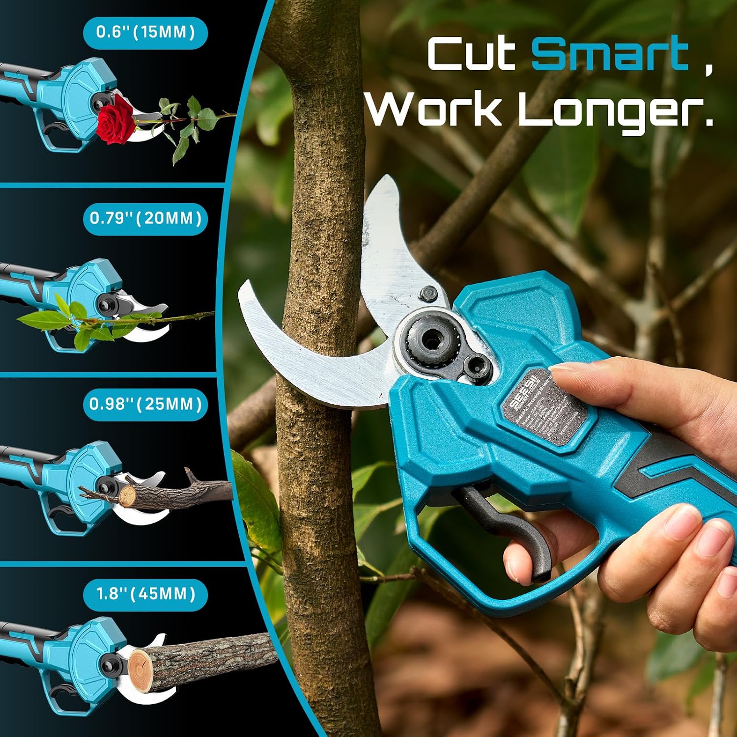 SEESII Pole Electric Pruning Shears: 1.8' Cutting Diameter 2-in-1 Cordless Power Pruner - Brushless Motor, Dual 4.0Ah Batteries, Extra SK5 Blade, 4 Modes Adjustable Branch Cutter for Garden Trimming