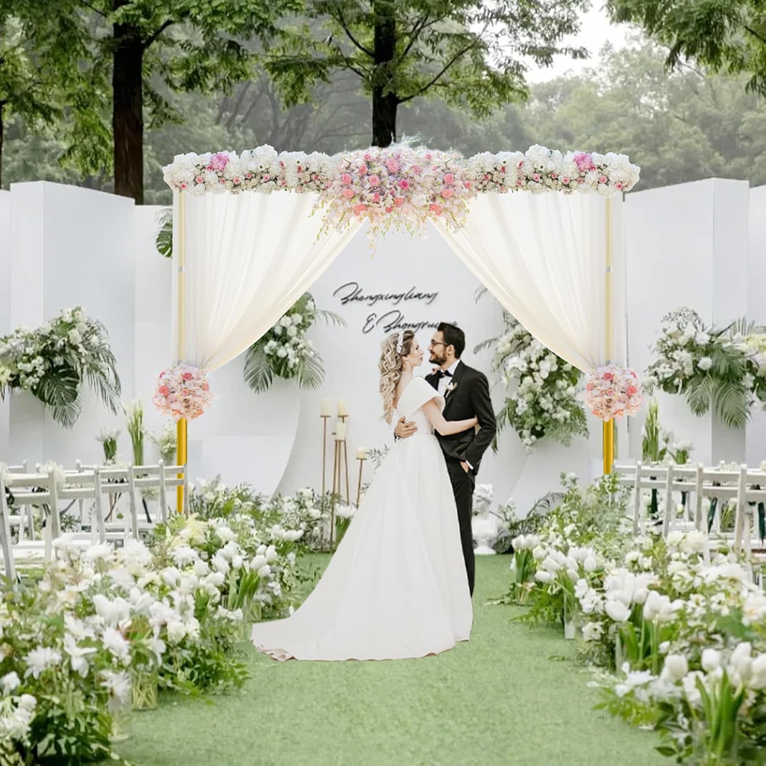 EMART Pipe and Drape Backdrop Stand Kit, 8.9ftx10ft Heavy Duty Adjustable Photo Background, Metal Frame with Flat Base for Wedding, Birthday Party, Banquet Decorations - Gold