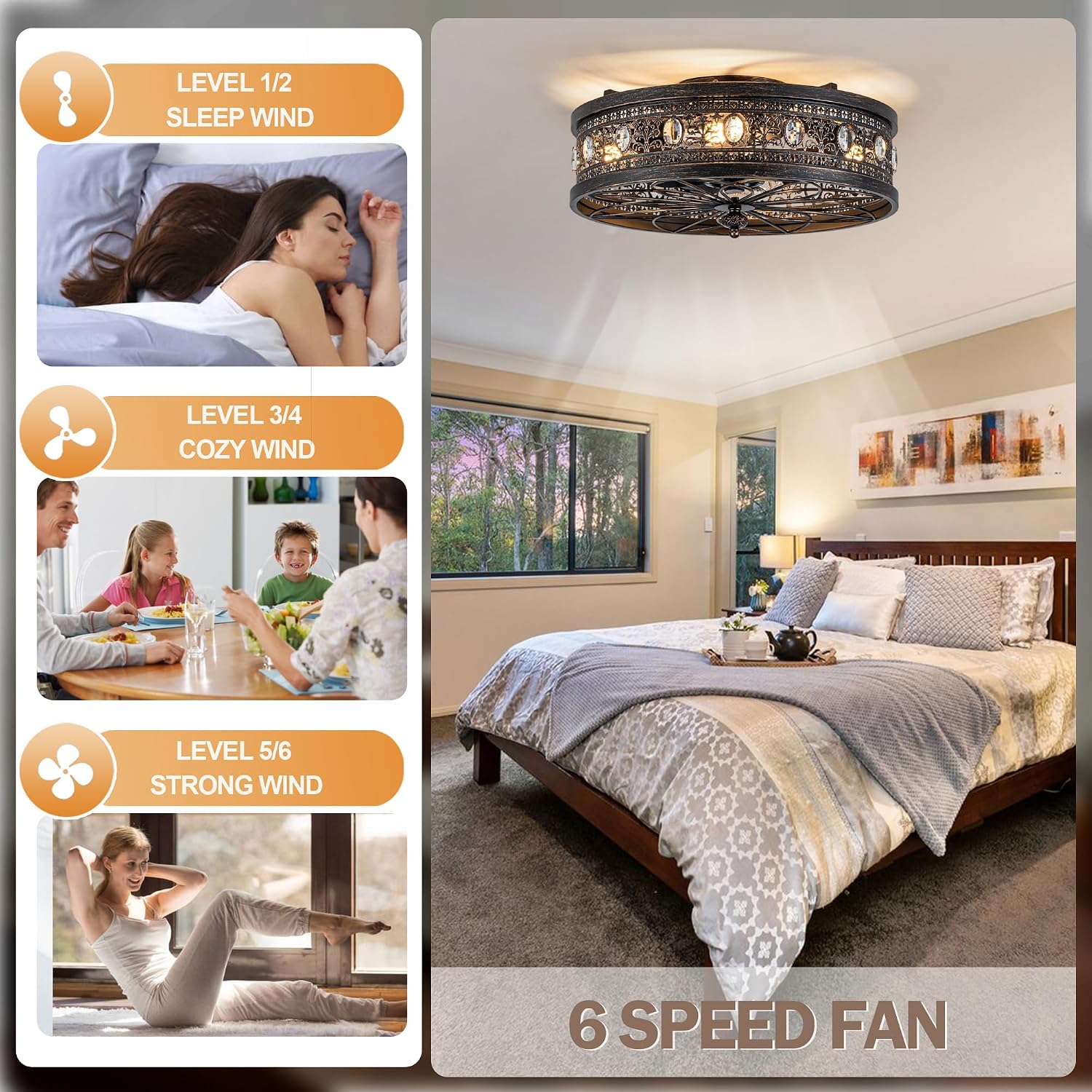 19'' Caged Ceiling Fan with Lights and Remote, Vintage Victorian Rustic Fandelier Flush Mount Low Profile Fandelier Small Enclosed Bladeless Chandelier for Bedroom Kitchen Dining Room