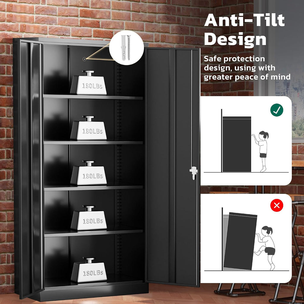 Greenvelly 72' H Metal Storage Cabinet, 36' W x 18' D Black Metal Cabinet with 2 Doors and 4 Adjustable Shelves,Locking Cabinets for Office, Home, Garage, School