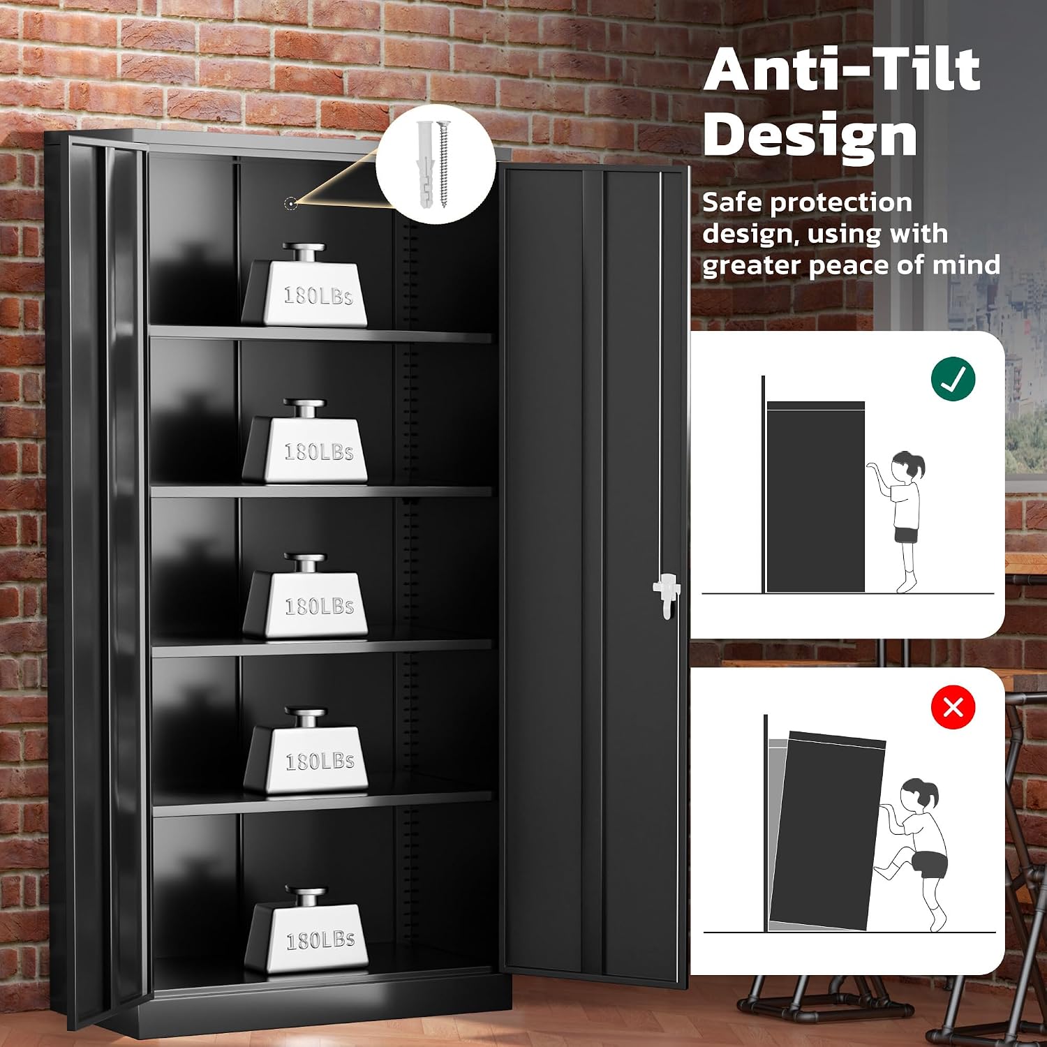 Greenvelly 72' H Metal Storage Cabinet, 36' W x 18' D Black Metal Cabinet with 2 Doors and 4 Adjustable Shelves,Locking Cabinets for Office, Home, Garage, School