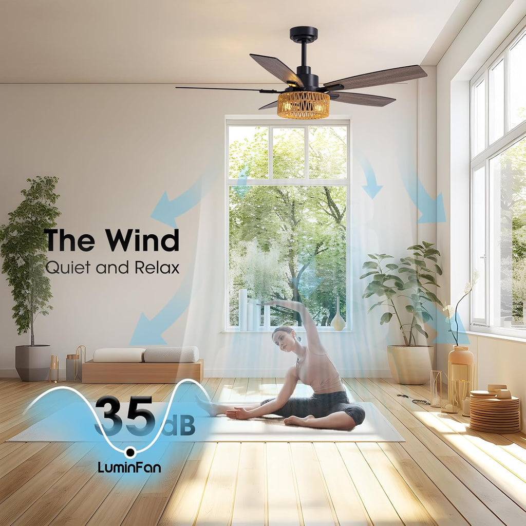 LuminFan 52 Inch Boho Black Rattan Ceiling Fans with Lights and Remote Control, Farmhouse Caged Rattan Ceiling Fan for Dining Room, Bedroom, Living Room and Patio, Indoor/Outdoor