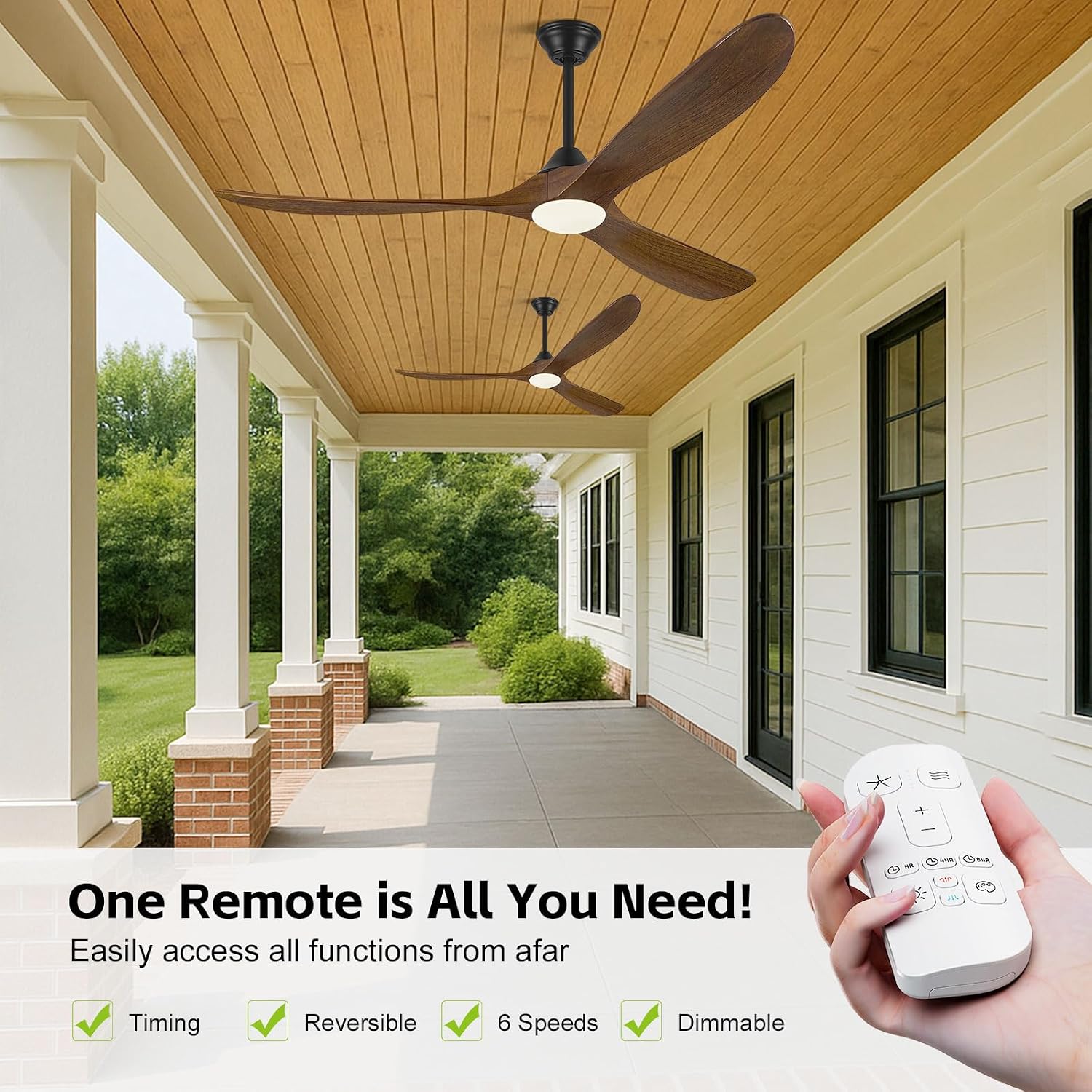 60 Inch Wood Farmhouse Ceiling Fan with Lights and Remote, 3 Propeller Solid Walnut Blades, Rustic Outdoor Ceiling Fans for Patio Damp Rated, Large Airflow Quiet Reversible DC Motor, for Indoor Room