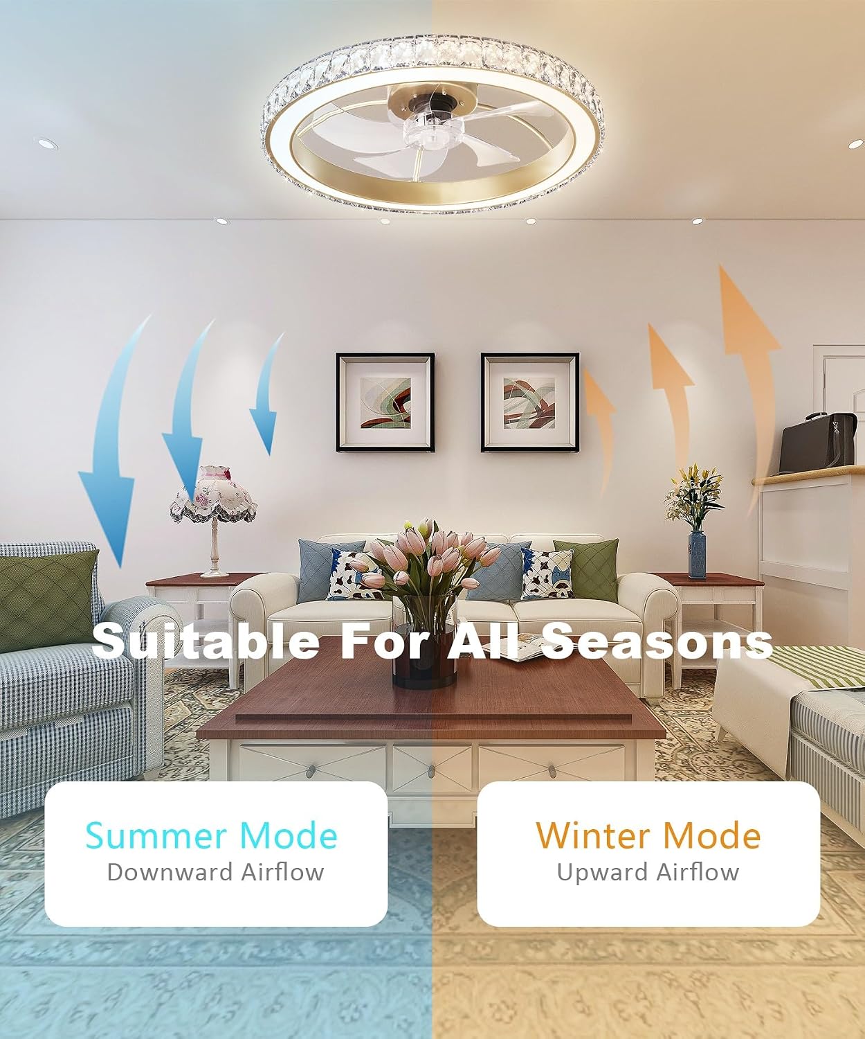 Aipsun Low Profile Modern Crystal Chandelier Ceiling Fans with Lights and Remote, 3000K-6500K Smart Bladeless LED Fan Light, 22' Gold Modern Ceiling Fans with Lights for Bedroom