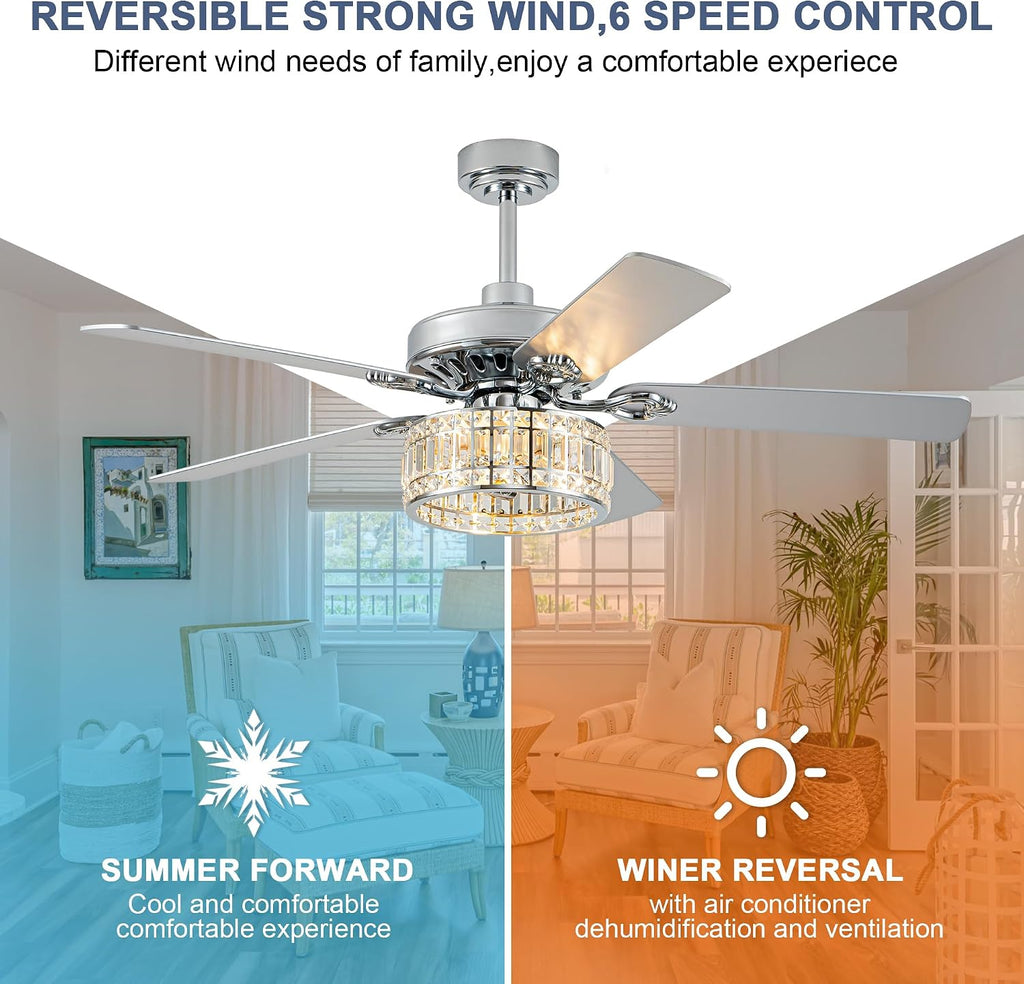 Bella Depot 52' Ceiling Fan with Light, Caged Chandelier Fan with Light (No Bulbs Included), Vintage Fandelier Fan with Quiet DC Motor for Dining Living Room Bedroom (Chrome)