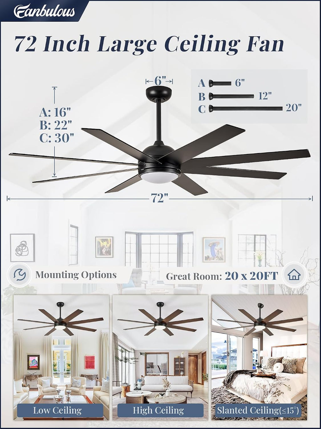 Fanbulous Ceiling Fan with Light, 72 inch Large Black Ceiling Fan with Light and Remote, Indoor/Outdoor use for Living Room Patio, 6 Speeds, Reversible Quiet DC Motor, 3 CCT, 8 Blades