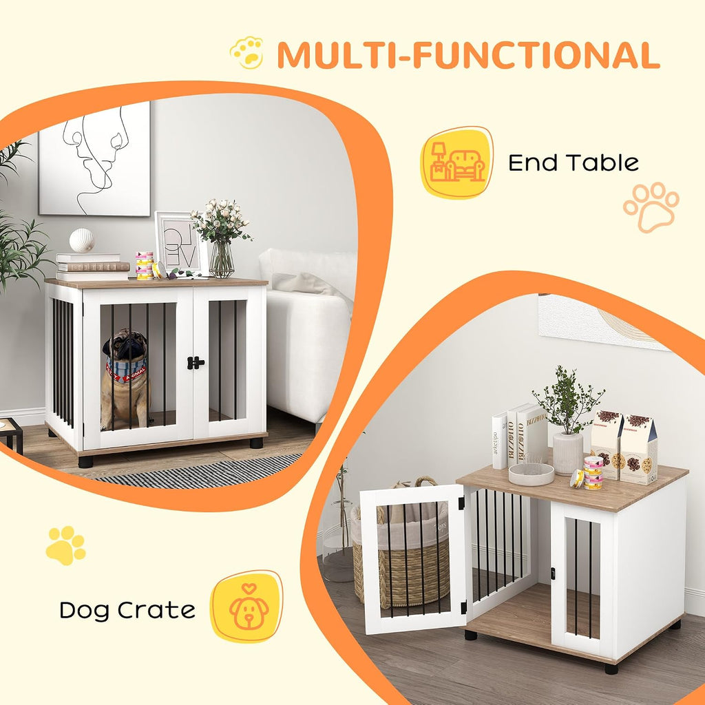 PawHut Dog Crate Furniture, Side Table Indoor Dog Kennel, End Table with Lockable Door for Small and Medium Dogs, Walnut Brown