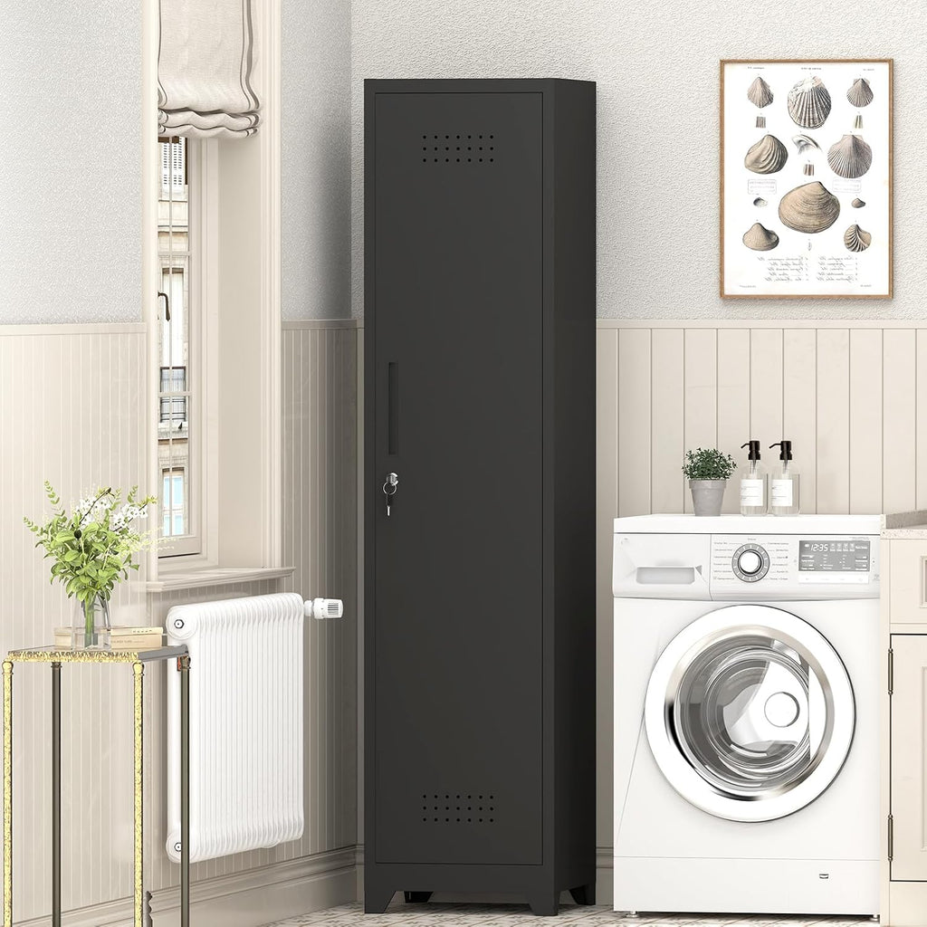 GREATMEET Broom Closet Storage Cabinet, Slim Metal Utility Cabinet, Tall Laundry Room Cabinet for Shop, Living Room, Office, Black