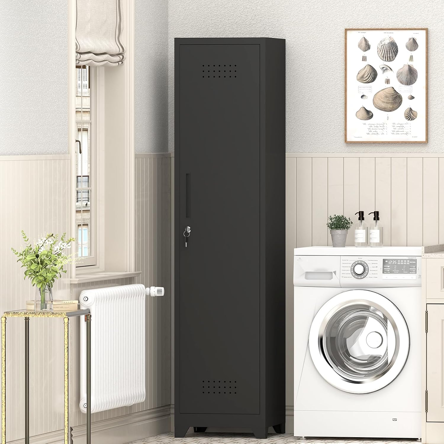 GREATMEET Broom Closet Storage Cabinet, Slim Metal Utility Cabinet, Tall Laundry Room Cabinet for Shop, Living Room, Office, Black