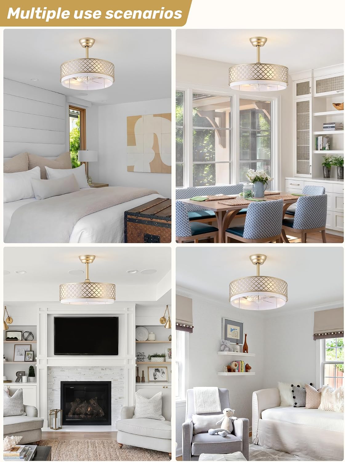20' Gold Fandelier Ceiling Fan with Lights, Caged Boho Ceiling Fan with Light Remote Control, Rattan with 6 Speeds for Bedroom, Nursery, Living Room