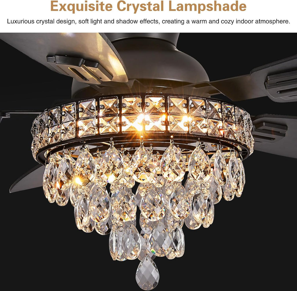 Crystal Ceiling Fan Fandelier with Lights-Ceiling Fans with Lights,50' Low Profile and Remote Control, Flush Mount, Reversible, Dimmable, Noiseless, Black Ceiling Fan for Bedroom
