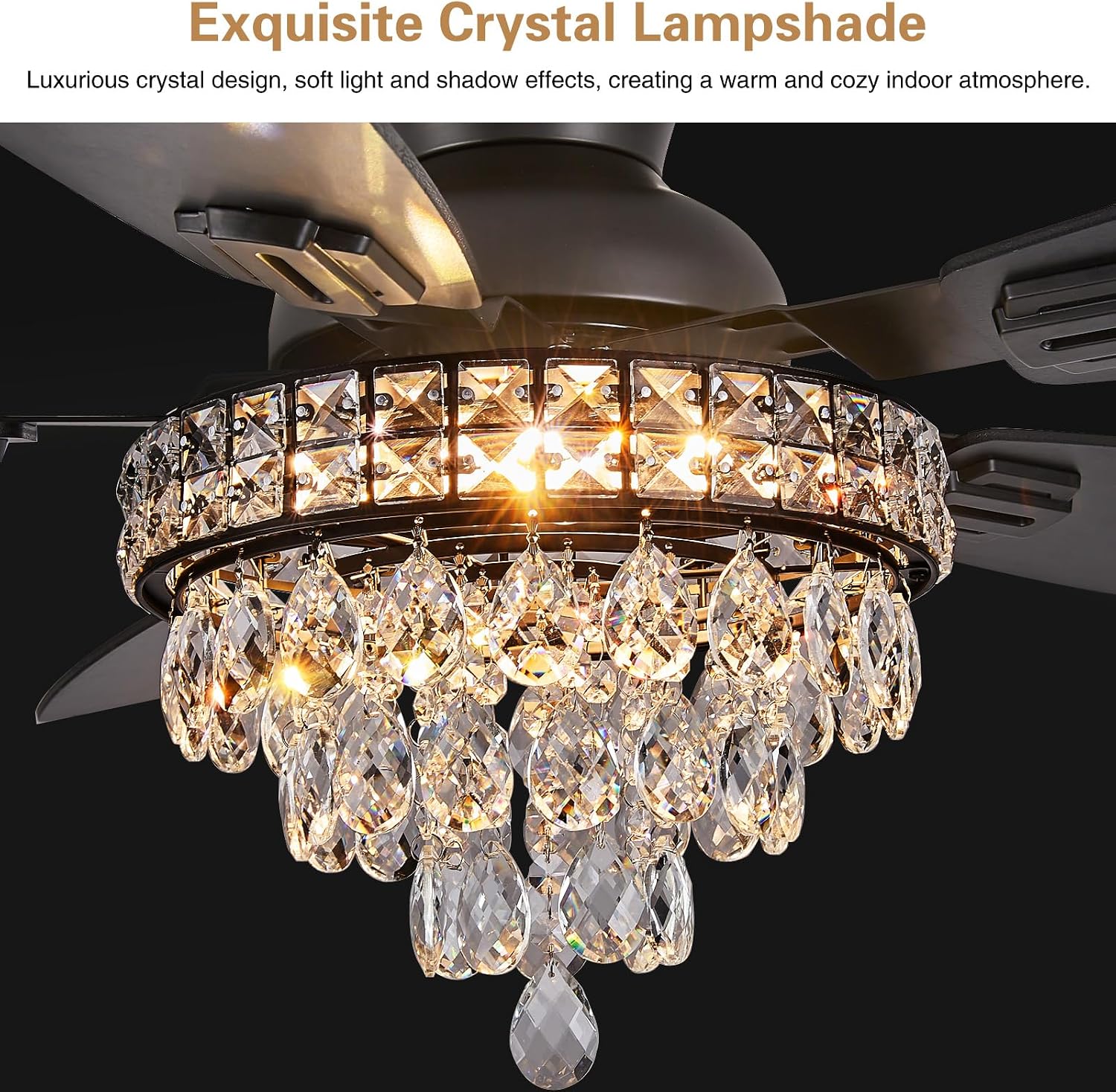 Crystal Ceiling Fan Fandelier with Lights-Ceiling Fans with Lights,50' Low Profile and Remote Control, Flush Mount, Reversible, Dimmable, Noiseless, Black Ceiling Fan for Bedroom