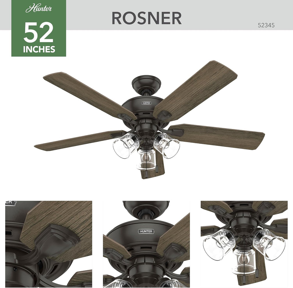 Hunter 52 inch Indoor Ceiling Fan with LED Lights and Pull Chain - Standard Mount Bronze Ceiling Fan, 5 Blades, For Bedroom, Living Room, or Kitchen, 3 inch Downrod - Rosner 52345, Noble Bronze