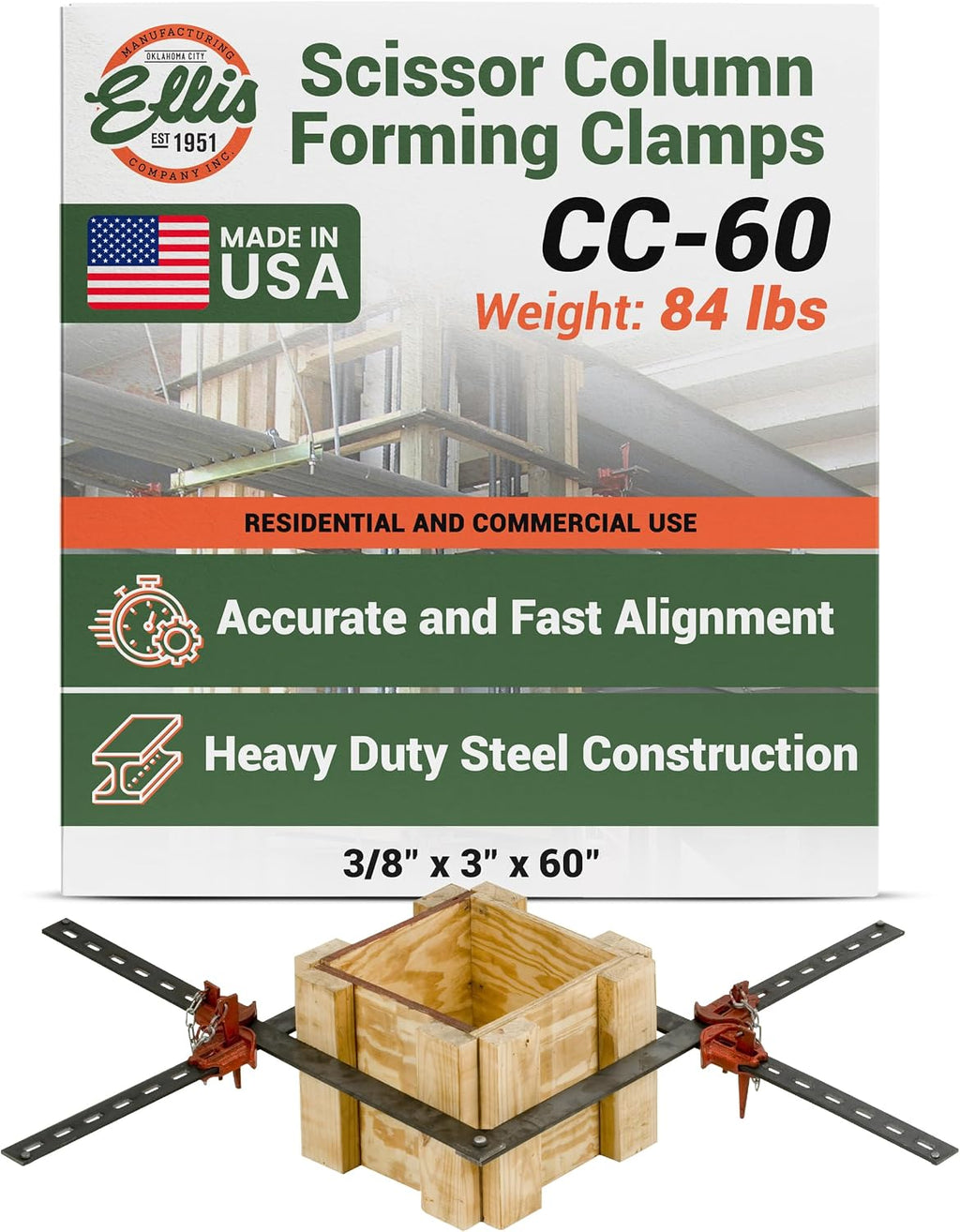 Ellis Manufacturing Company Scissor Column Forming Clamps - Clamp Set for Carpentry & Construction - Net Concrete 22' - 46' - Bar Size 3/8' x 3' x 60'