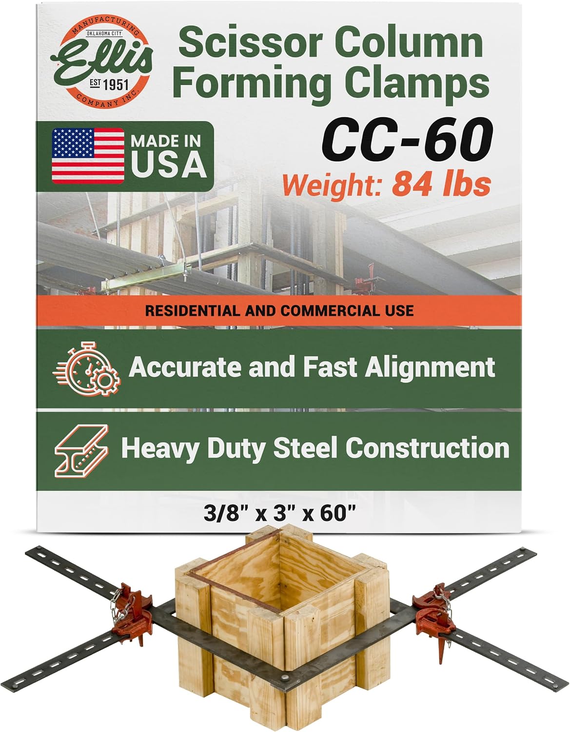 Ellis Manufacturing Company Scissor Column Forming Clamps - Clamp Set for Carpentry & Construction - Net Concrete 22' - 46' - Bar Size 3/8' x 3' x 60'