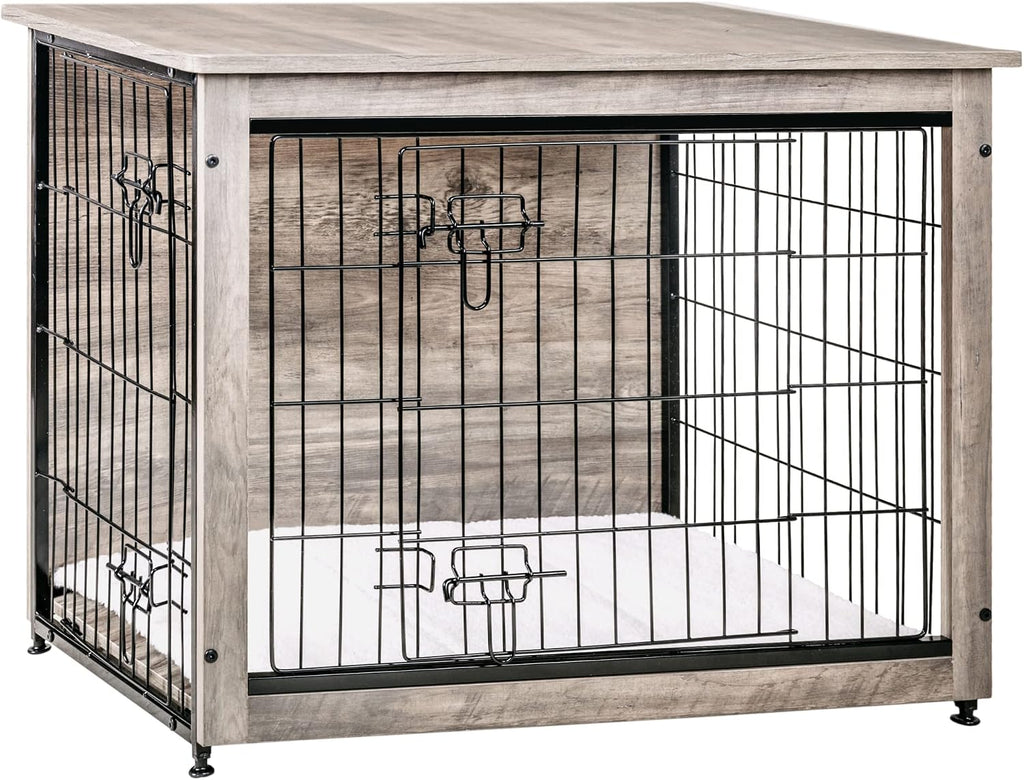 DWANTON Dog Crate Furniture with Cushion, Wooden Kennel Table with Double Doors, Indoor Dog House, Medium Size, 32.5' L, Greige