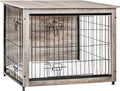 DWANTON Dog Crate Furniture with Cushion, Wooden Kennel Table with Double Doors, Indoor Dog House, Medium Size, 32.5' L, Greige