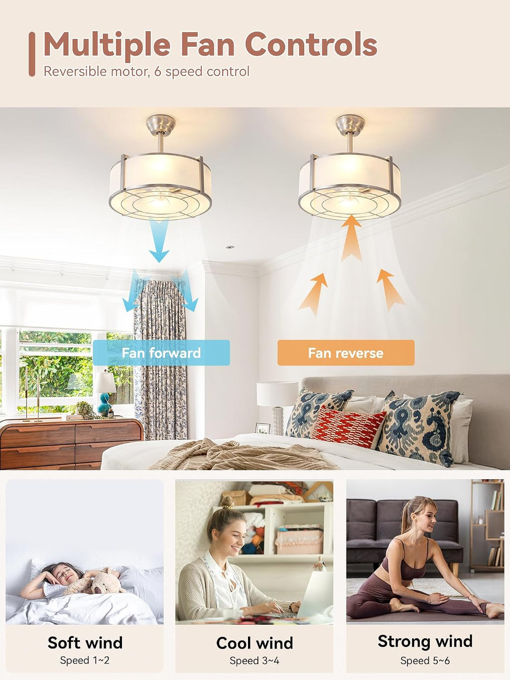 20' Silver Fandelier Ceiling Fans with Lights, Boho Rattan Ceiling Fan with Light Remote Control, Caged Mid-Century Modern with 6 Speeds for Bedroom, Nursery, Living Room