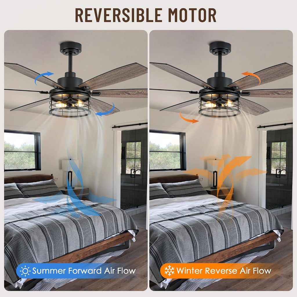 60' Large Ceiling Fans with Lights,Modern Farmhouse Caged Ceiling Fan with Light and Remote,6 Speeds,Reversible Motor,6 Double Finish Wood Blades,Black Rustic Ceiling Fan for Living Room Dining Room