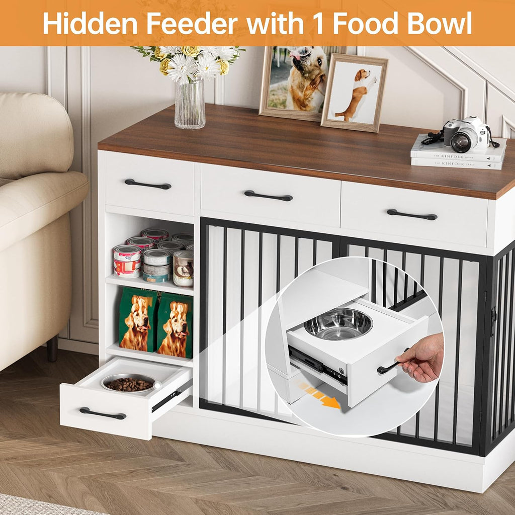 Dog Crate with Hidden Feeder Bowl & 3 Storage Drawers - 47.2' Wooden Dog Cage Indoor with Adjustable Shelf, 2 Doors Dog Kennel Furniture for Medium & Small Dogs, Multi-Functional Pet End Table