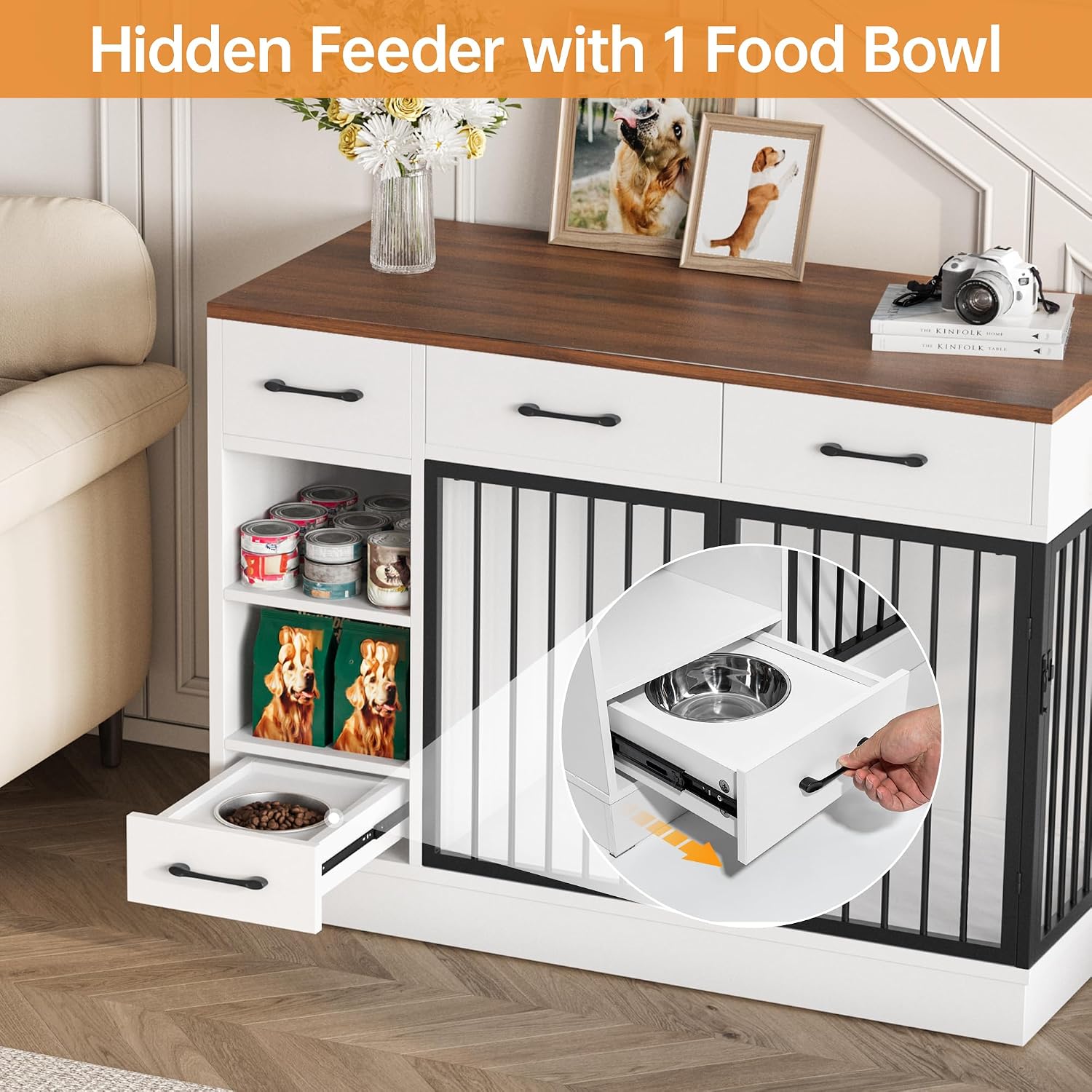Dog Crate with Hidden Feeder Bowl & 3 Storage Drawers - 47.2' Wooden Dog Cage Indoor with Adjustable Shelf, 2 Doors Dog Kennel Furniture for Medium & Small Dogs, Multi-Functional Pet End Table