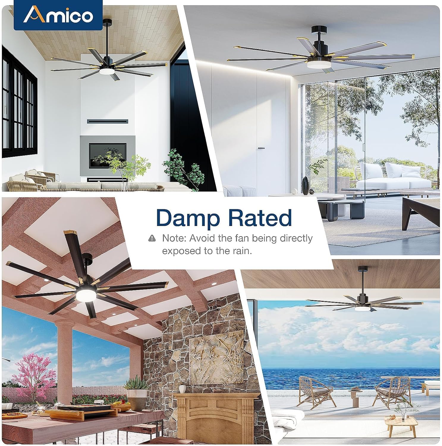 Amico 72 Inch Aluminum Ceiling Fan with Light, 8 Reversible Blades, Industrial Large Ceiling Fan with Quiet DC Motor, 6-Speed Remote Control, Indoor/Outdoor for Porch/Garage/Shop, Black