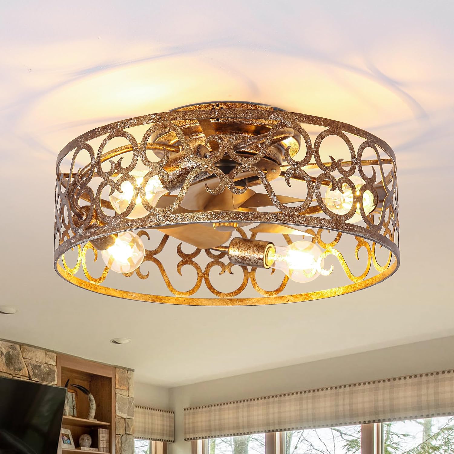 Flush Mount Ceiling Fans with Lights, Farmhouse Low Profile Ceiling Fan with APP & Remote Control, 6-Speed Reversible DC Motor, Caged Chandelier Fans for Bedroom, Living Room, Gold Antique